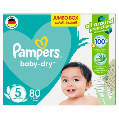 Pampers Aloe Vera Taped Diapers, Size 5, 11-16kg, Jumbo Box, 80 Diapers&nbsp;