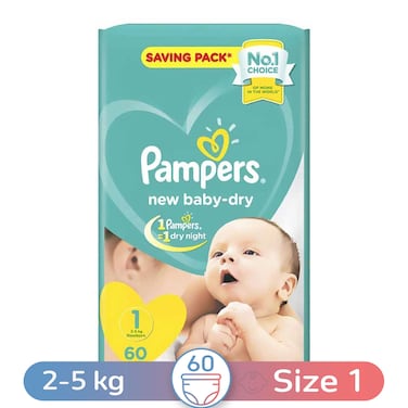 Pampers Baby-Dry Diapers - Size 1 - Newborn - 2-5 Kg - 60 Diapers