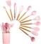 U-Hoome 11 Pcs Silicone Kitchen Utensils Set With Holder, Cooking Utensil Sets Spatula Turner Heat Resistant Tool Gadgets With Wooden Handle For Nonstick Cookware, Pink
