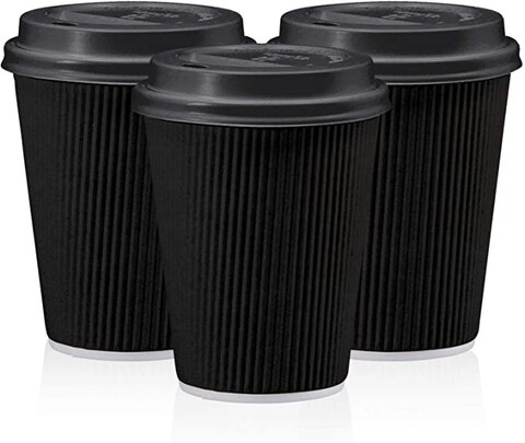 YESOCEA [50 Set] 8 oz. Black Disposable Coffee Cups With Lids - Triple Wall Ripple Hot Paper Cups for Tea, Drinks To-Go