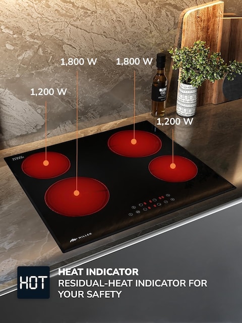 MIILLEN Built in Electric hob, 60 cm Black Glass, 4 Heating Zones, 6000W, Touch Control, MEH 601 BL, 3 Year Warranty