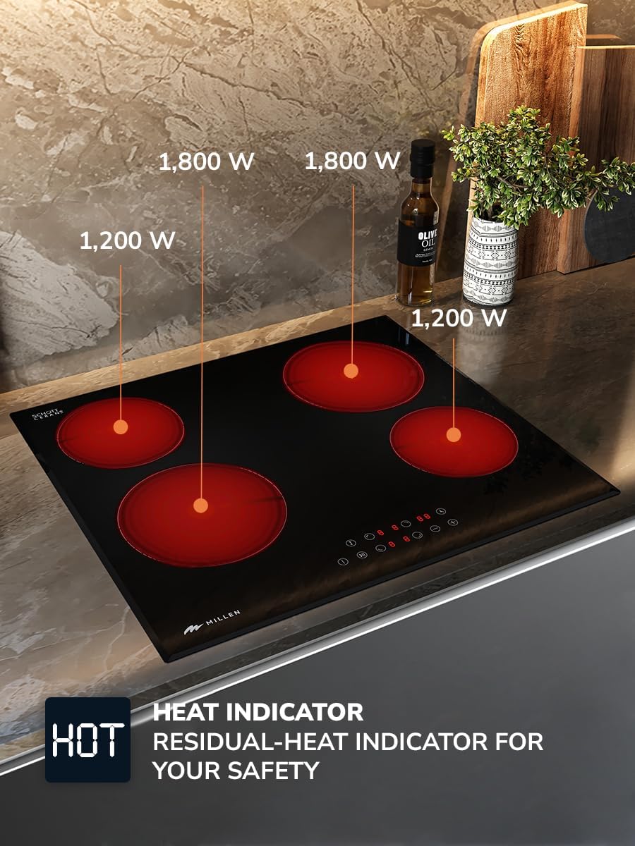 MIILLEN Built in Electric hob, 60 cm Black Glass, 4 Heating Zones, 6000W, Touch Control, MEH 601 BL, 3 Year Warranty