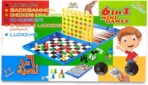 Party Time 6in1 Board Games Ludo Snakes and Ladders Checkers Backgammon Chess and Line-Up4 Game Set Box, Folding Board Gift for Kids and Adults