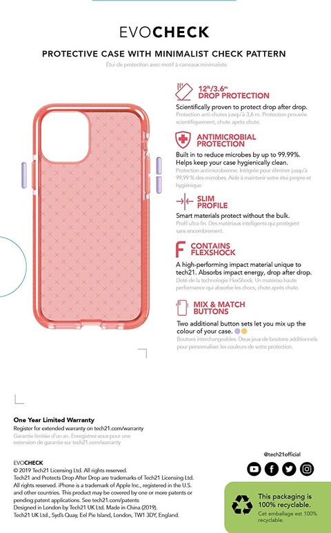 Tech21 Evo Check case/cover for iPhone 11 PRO - Coral