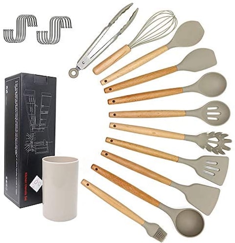 Generic 11 Pieces Natural Wooden Handles Tools Silicone Cooking Utensils Kitchen Tongs Spatula Spoon For Nonstick Cookware Best (Bpa Free, Non Toxic) Utensil Set Turner