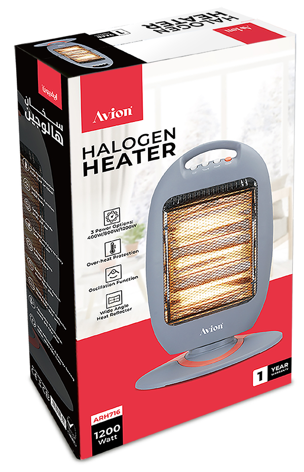 Avion Halogen Heater, 1200 Watts, 3 Heat Level, Oscillation Function