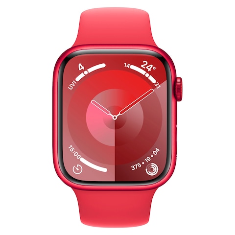 ساعة أبل الاصدار 9 GPS مقاس41 ملم بهيكل ألومنيوم بلون أحمر مع سوار رياضي أحمر متوسط/كبير
