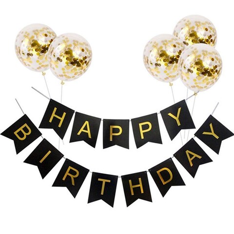 GrandShop 50671 Balloons with Golden Colored Pre-Filled Confetti and Black Happy Birthday Banner Combo