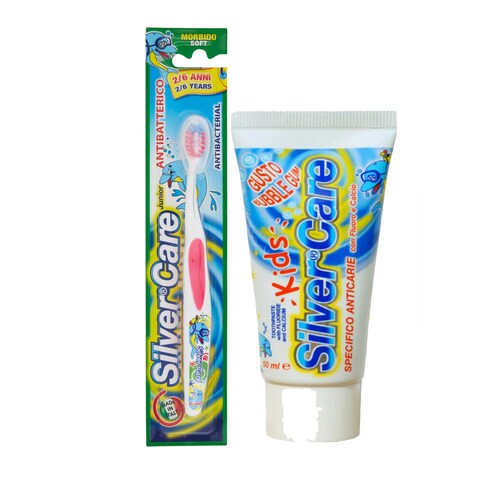 Silver Care Junior Toothbrush Antibacterial 2 - 6 Year Medium + Silver Care Buble Gum Toothpaste 50 Ml