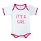 Cheeky Micky - Soft baby body suit, white with pink trim, 100% cotton machine washable. Age: 6-12 months. Print: It&#39;s A Girl.