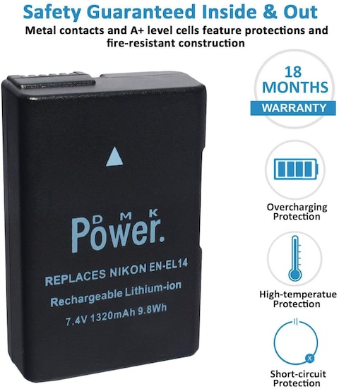 DMK Power EN-EL14 Battery 1320mAh 9.8Wh for Nikon D5600 D5500 D5200 D5300 D5100 D3400 D3300 D3200 D3100 Coolpix P7000 P7100 P7200 P7700 P7800 Cameras