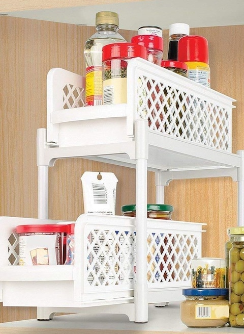 Portable 2 Tier Basket Drawer Kitchen And Bathroom Cabinets White