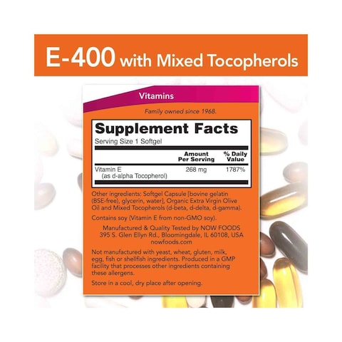 Now Vitamin E-400IU Antioxidant Protection Dietary Supplement 50 Softgels 