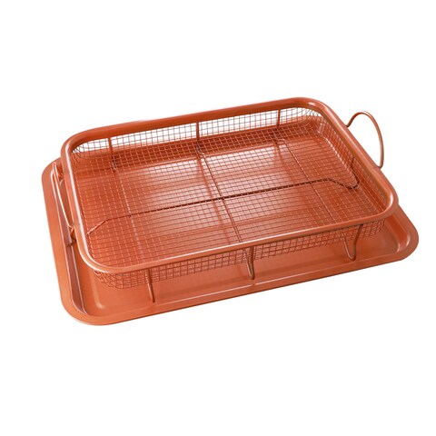AlHoora, 35X28XH6cm 2 Piece Set Copper Chef Copper Crisper Non-Stick Oven Baking Tray with Crisping Basket with Box