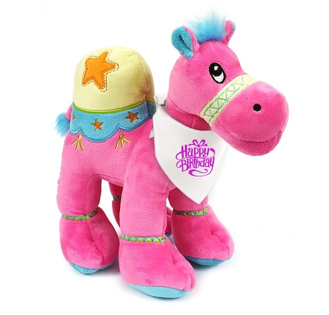 Caravaan - Camel Dark Pink 25cm with Cream Bandana with Pink Happy Birthday Print