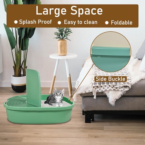 Cat Litter Box With Cat Litter Scoop, Large Indoor Cats Toilet , Easy Clean &amp; Deodorant Filter, Portable Cat Litter with Pedal Design (Green-Yellow)