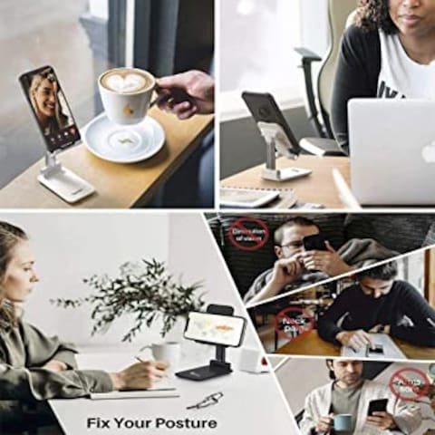 Cell Phone Stand, Adjustable phone holder for Desk, Foldable Desktop Tablet Stand Holder, Double Adjustable Mobile stand Phone Tablet Holder (Black)