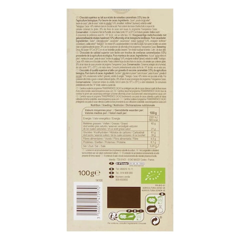 Carrefour Bio Milk Hazelnut Chocolate Bar 100G