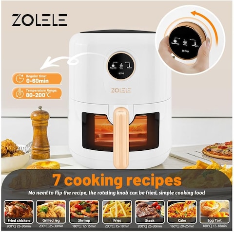 Zolele Smart Electric Non Stick Air Fryer, 4.5L Capacity, Transparent Oven, 6 Cooking Modes, Knob Control, 1400W Power, Low Oil Consumption, Fast And Even Heating, White, Za004