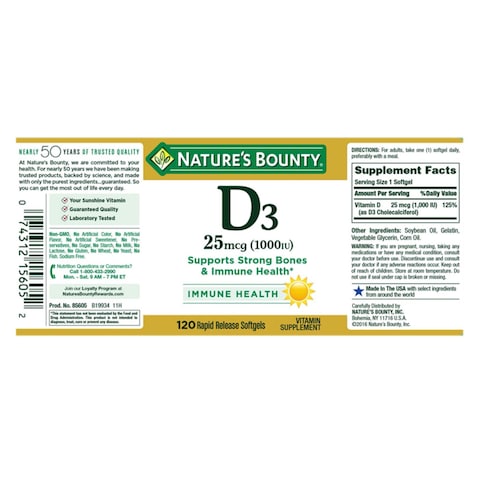 Nature&#39;s Bounty Vitamin D3 1000IU Immune Health Supplement 120 Softgels