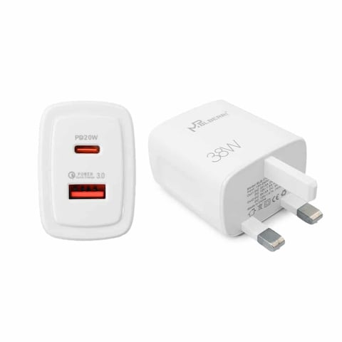 mpBLBERRI BLB-T102 38w USB-A &amp; USB-C PD Fast Charger, USB-C to Lightning Cable, White