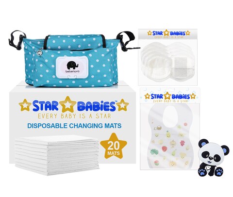 Star Babies Buy 3 Get 1 ( Stroller bag. Bibs 20, Changing mat 20, Breast Pad 20, Teether toy 1pc)