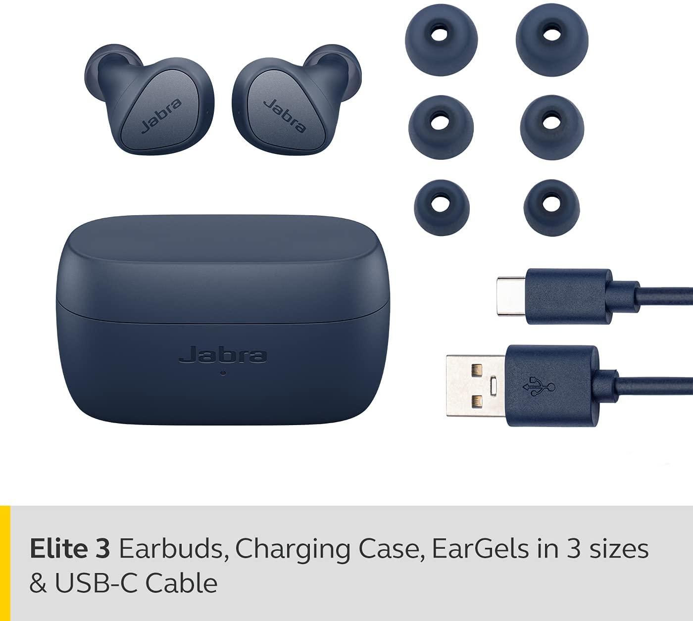 Jabra Elite 3 In Ear Wireless Bluetooth Earbuds &ndash; Noise isolating True Wireless buds with 4 built-in Microphones for Clear Calls, Rich Bass, Customizable Sound, and Mono Mode - Navy