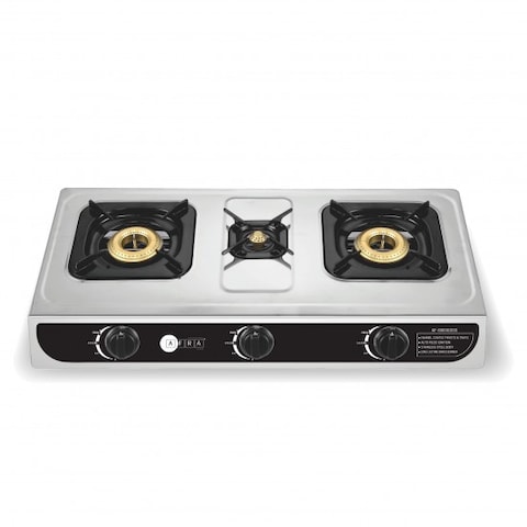 AFRA Japan Three Burner Gas Stove, Brass Caps, Battery Powered Ignition, Tempered Glass Top, Stainless Steel, Double Injection, G-MARK, ESMA, ROHS, and CB Certified, 2 years warranty