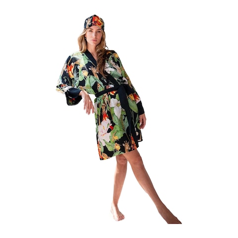 Women Short Kimono Fruits - Black - S23