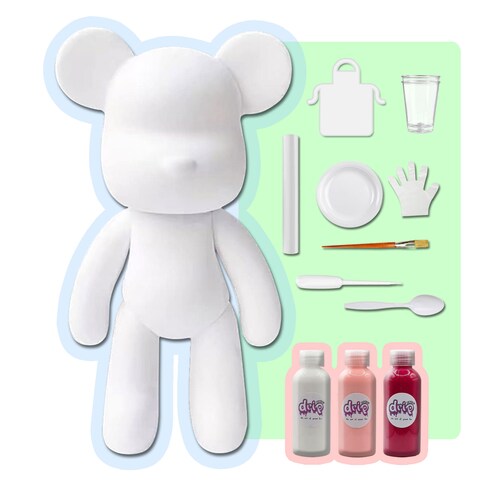 DIY CREATE YOUR OWN UNIQUE ACRYLIC FLUID POURING PAINT BEAR (9 inch - 23 cm) COMPLETE SET, colors: White, Light-Pink, Rose-Red. Arts and Crafts, Customize Handmade Creative Birthday Gift