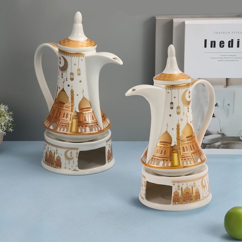 Ramadan Design Arabic Coffee Pot ceramic, Healthy and Extremely Heat Resistant with Candle Warmer, with ramadan design ,white and gold color (L-30*W-7*H-15.5CM)