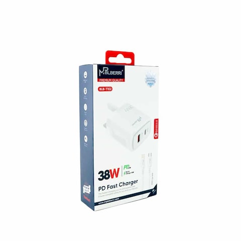 mpBLBERRI BLB-T102 38w USB-A &amp; USB-C PD Fast Charger, USB-C to Lightning Cable, White