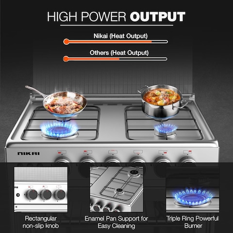 Nikai Freestanding Gas Cooker, 4 Burner, 60X60cm, Auto Ignition, Double Glass Oven Door for Close Door Grilling with Turnspit, Glass Lid &amp; Oven Lamp, Stainless Steel Finish, U6068FSE1, Silver