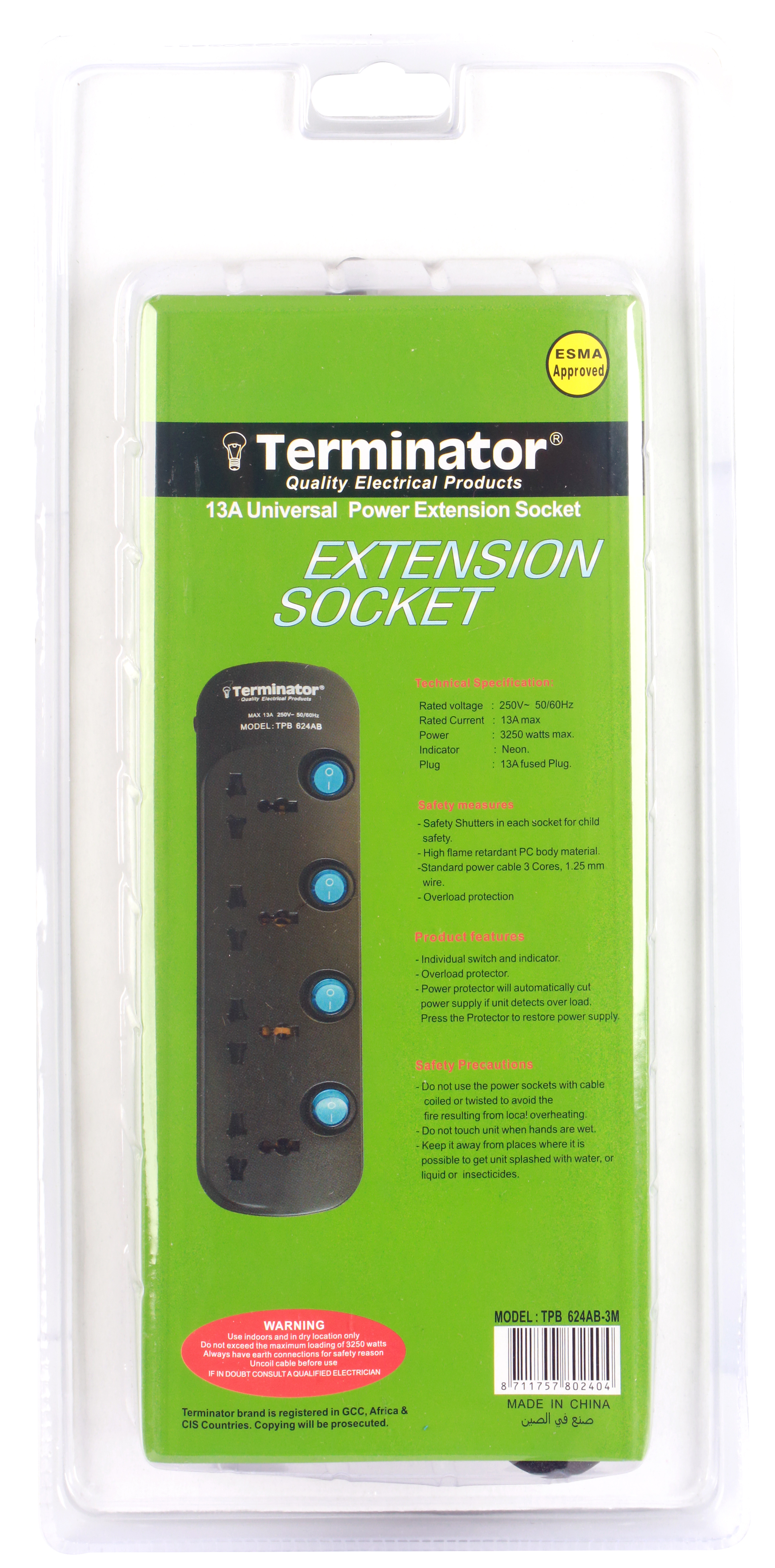 Terminator Brand Universal Power Extension Socket - 4 way 3M