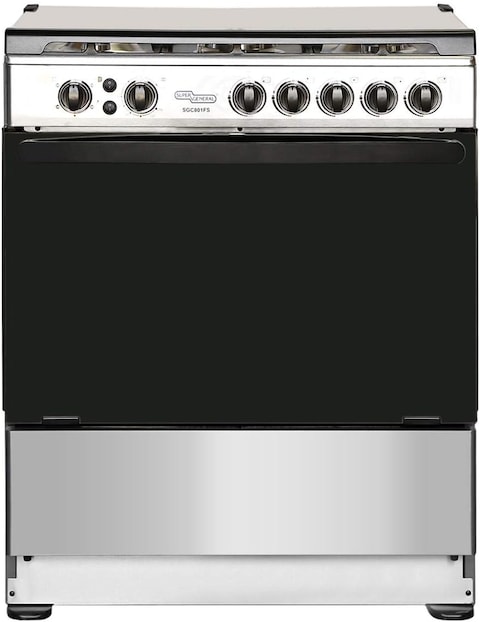 Super General Gas Cooker 5 Burner 80x60cm, Full-Safety, Gas Oven With Thermostat, Rotisserie, Automatic Ignition SGC801FS Silver/Black