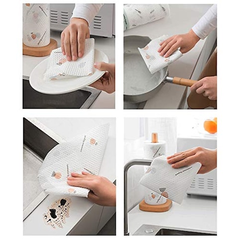 3 Rolls Disposable Cleaning Towel with Wall-mount Holder Cartoon Printed Kitchen Dish Cleaning Towel Reusable Non-Woven Fabric Dish Cloth 9.84 * 9.84in