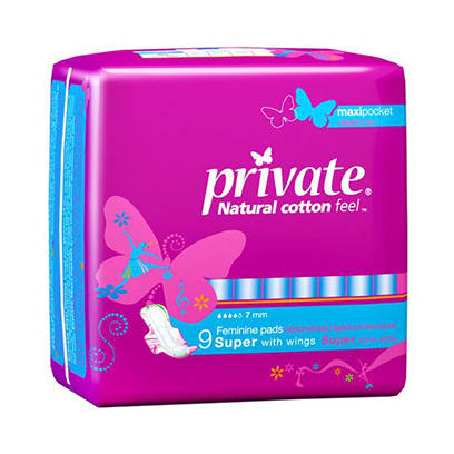 Private Natural Cotton Super Feminine Pads With Wings Maxipocket 9 Count