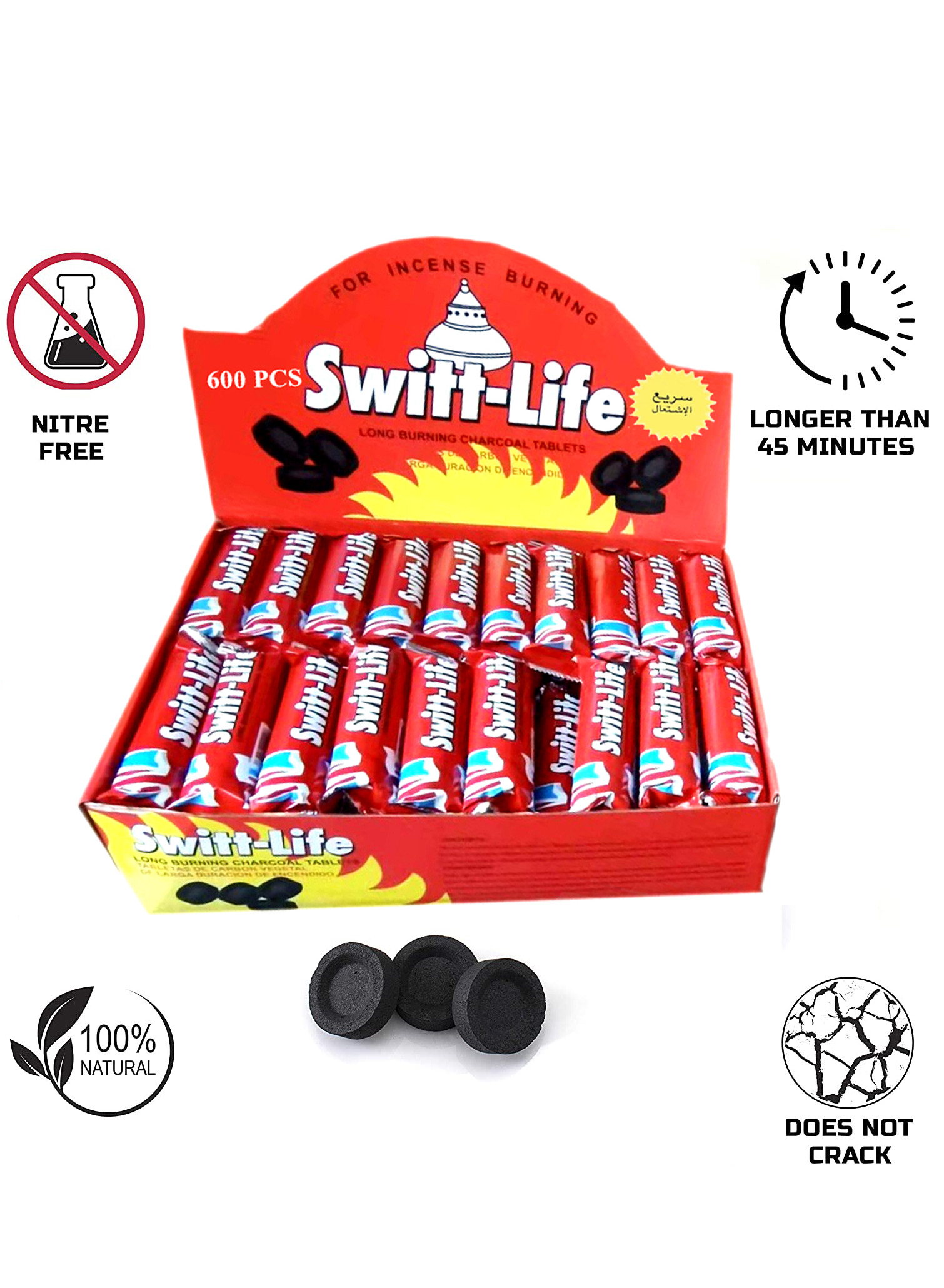 ALSAQER-600-Peices Switt Life  Bakhoor Charcoal Quick Ignite Charcoal-10x60 Packets/Charco lite Charcoal-Smart Charcoal Tablets-33MM