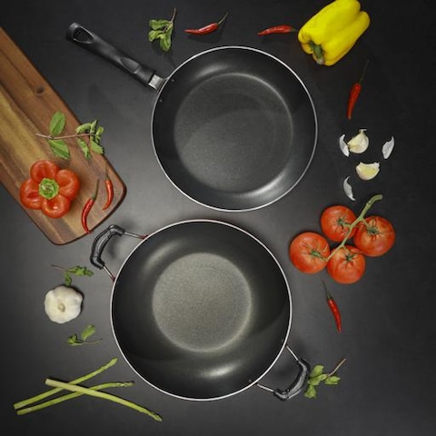 Non-Stick Cookware 2pcs, 2-in-1 Combo Value Pack, DC1912   Aluminium Deep Kadai &amp; Fry Pan   Durable 3-Layer Construction   Cool Touch Handles   Multiple Hob Types