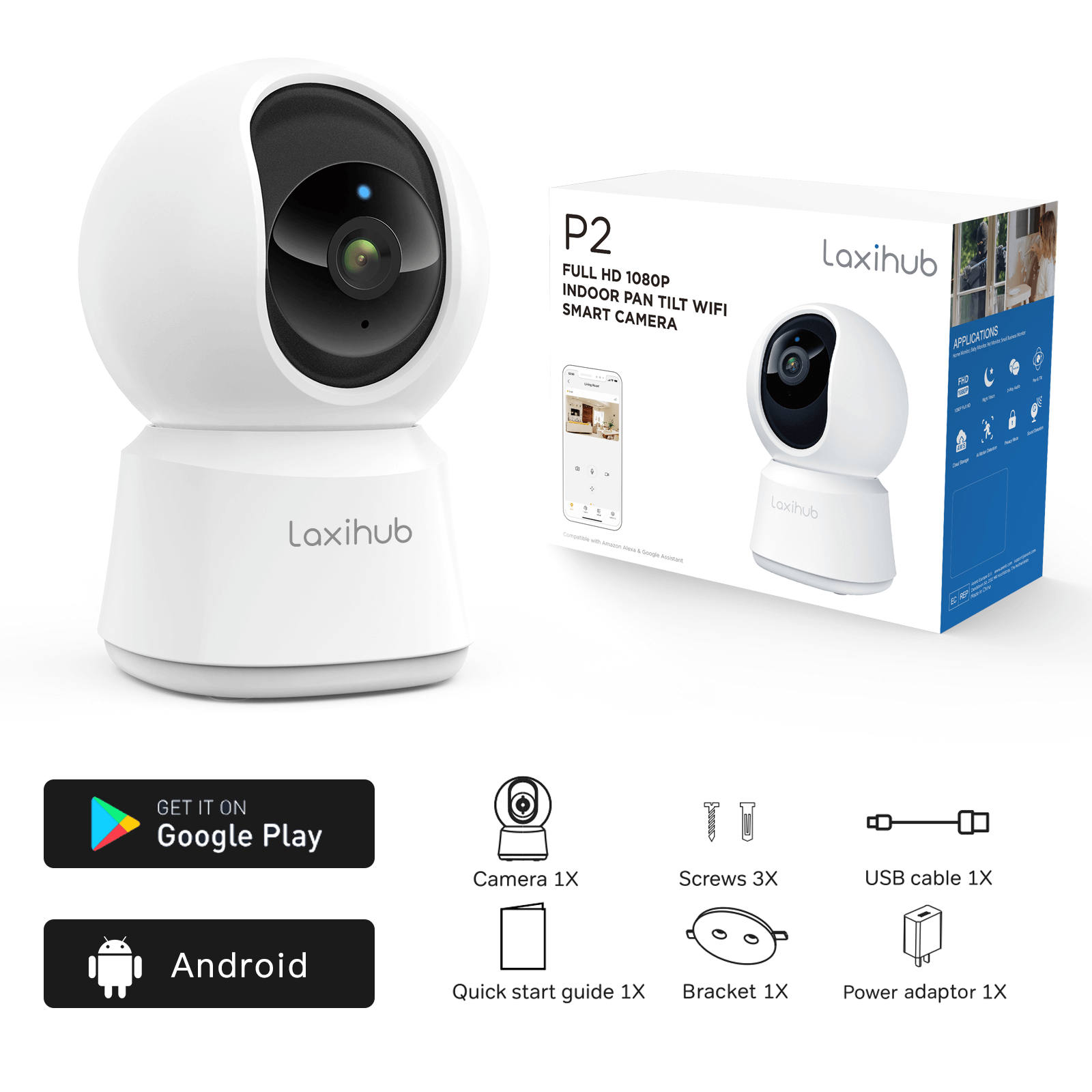 Laxihub Security WiFi Camera Indoor Home Camera Baby Pet Cam P2 1080P, Night Vision, 2-Way Audio, Motion Sound Detection Works with Alexa &amp; Google Assistant