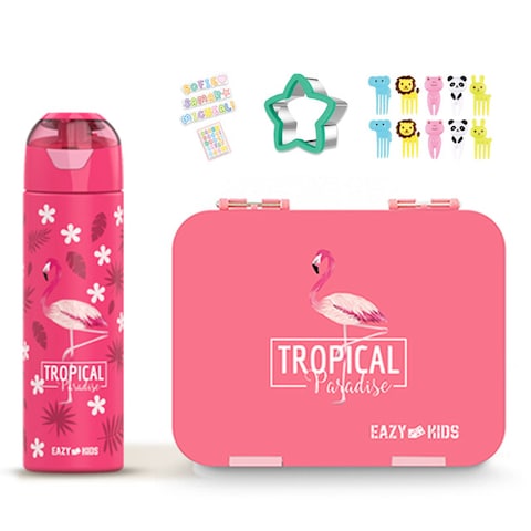 Eazy Kids 6 &amp; 4 Convertible Bento Lunch Box with Stainless Steel 640ml Water Bottle and Sandwich Cutter Set - Tropical Pink