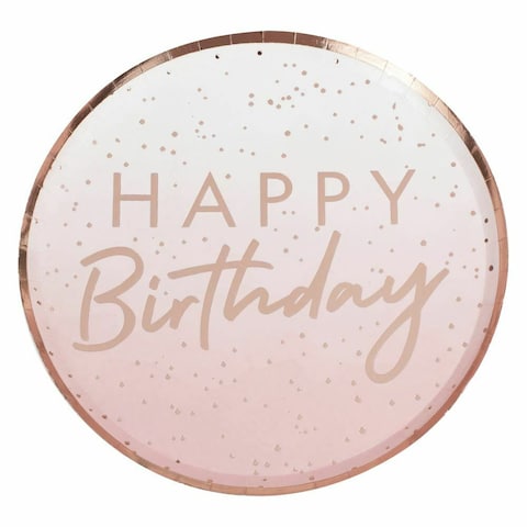 Ginger Ray Happy Birthday Paper Plates 8-Pieces- Rose Gold