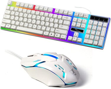 SKY-TOUCH G21 Keyboard Wired USB Gaming Mouse Flexible Polychromatic LED Lights Computer Mechanical Feel Backlit Keyboard Mouse Set,White (White)