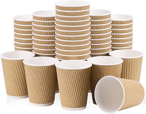 Markq [50 Cups] 12 oz. Brown Disposable Ripple Insulated Coffee Cups - Hot Beverage Corrugated Paper Cups