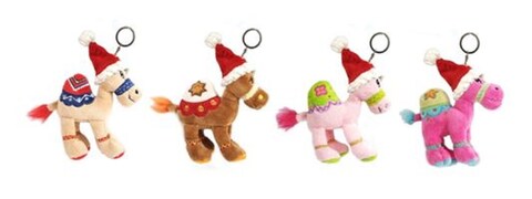 Bundle items - Beige camel + Brown camel + Pink camel + Dark Pink  camel with keyring attachment with Santa hat, size 12cm.

