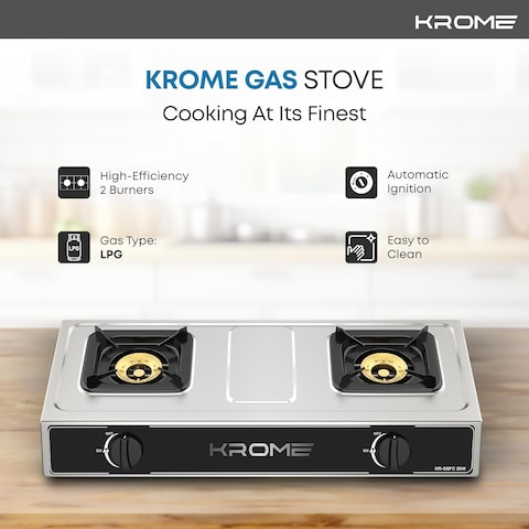KROME Gas Stove 2 Burners, Auto Ignition, Double Brass Burners, LPG Gas Stove, Cast Iron Burner, Flame Failure Device, Enamel Square Pan Support, CE Approved, Stainless Steel Body - KR-GSFC2041