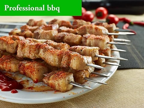 Skewers for Kabobs, Stainless Steel Kebab Long Skewers for BBQ Reusable with Wood Handle (6 Pcs)