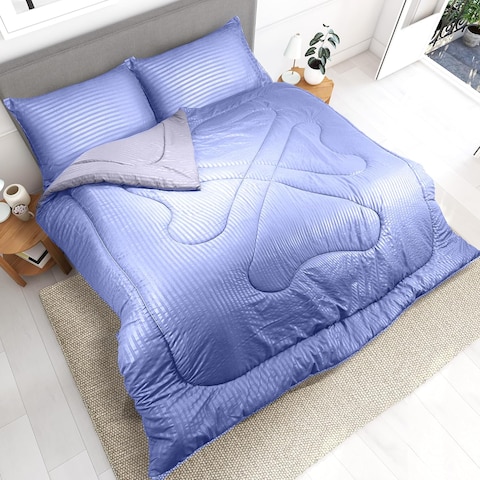 Hotel Linen Klub Reversible Down Alternative Comforter Set, Ultra Soft Brushed Stripe Microfiber Fabric, 200GSM Soft Fibersheet Filling, Size: Double 220 x 240cm, Purple &amp; Lt. Grey