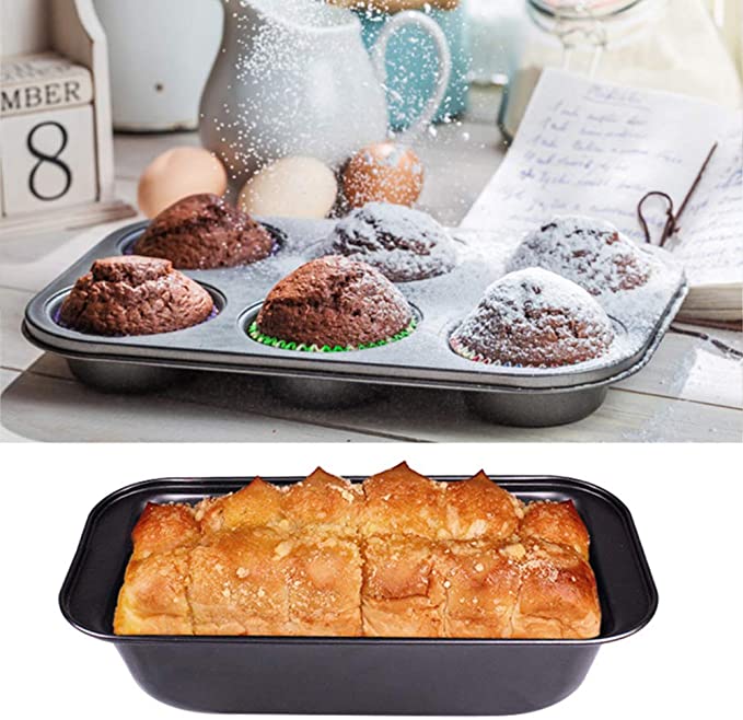 2 Pcs, 6 Cups Cupcake Tray + Loaf Pans, Nonstick Brownie Cake Pan, Carbon Steel Bakeware for Oven, Baking Muffin Tray Tool Mold