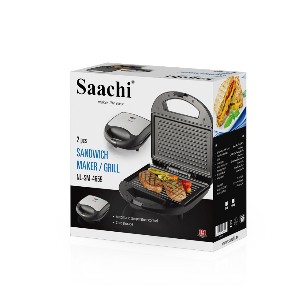 Saachi 2 Piece (4 Slices) Sandwich Maker/Grill NL-SM-4659-BK With An Automatic Thermostat